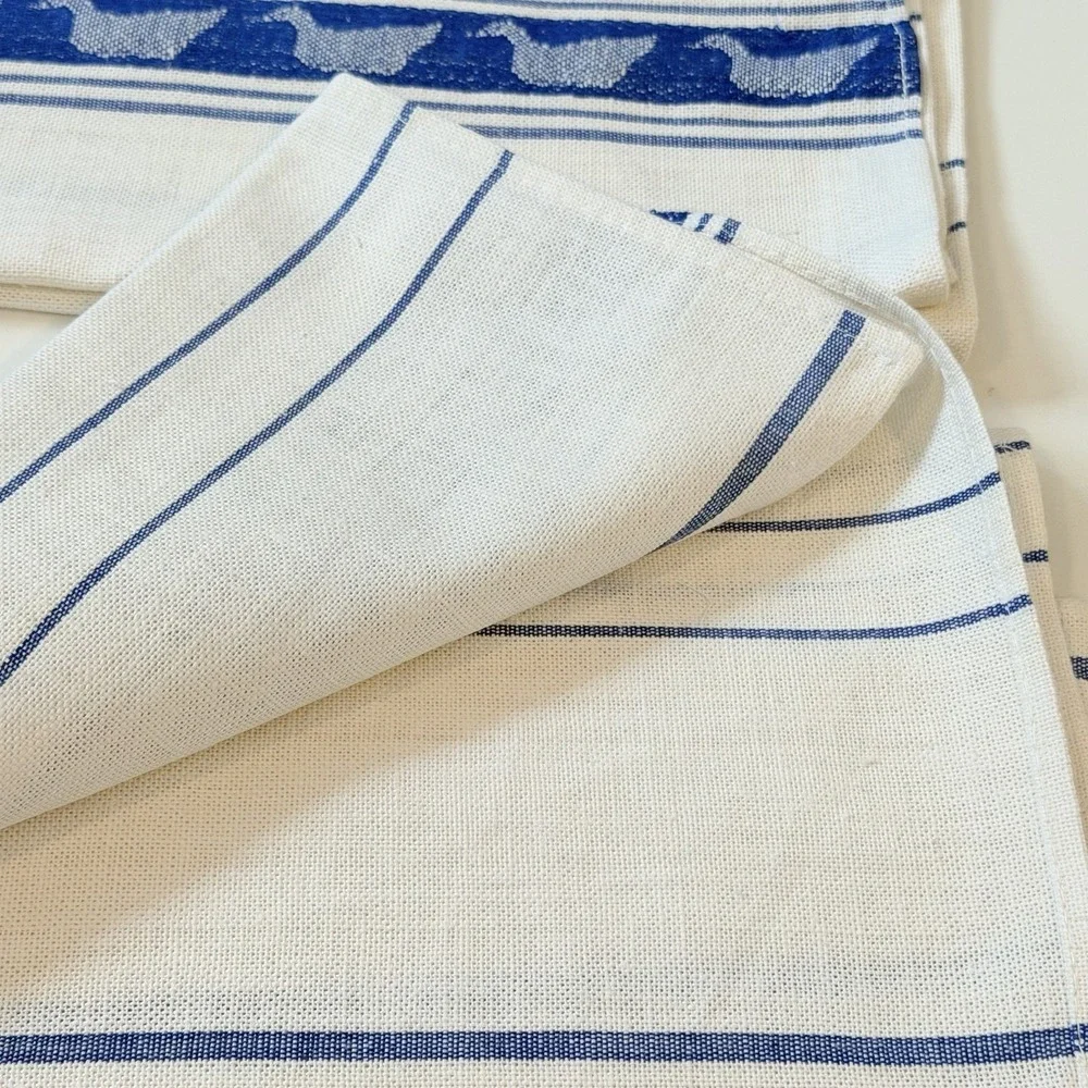 VTG Kitchen Dish Towel Blue White Stripe Shabby Farmhouse Hen Rooster NOS 4PC